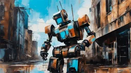 urban decay and crazy rusty scrappy robot drinking coffee, pseudo photo-realism, negative space, amazing reflections, excellent parallels, great verticals, juxtaposition shock, wet print, ink leak, colors of light sky blue and beige and black, whole body visible