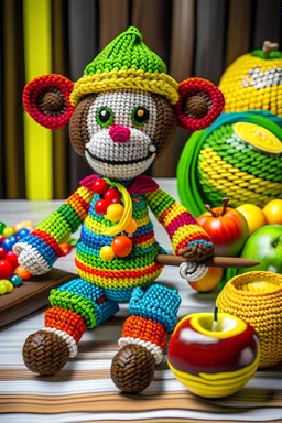 A crocheted toy chef designed as a playful monkey, wearing a colorful chef's coat and holding a crochet whisk, with a backdrop of crocheted fruits and vegetables, showcasing the joy of cooking and creativity in crochet artistry