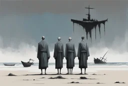 (((three)) long-legged lean determined black-grey monks with ((beak-shaped heads)) (wearing white khiton) standing in front of a boatwreck on a radioactive beach, front view, acrylic painting, minimal art, centered, wild sparse brushstrokes, amazing verticals, great parallels, low bleak colors of gray, blue and black, excellent negative space contrasts