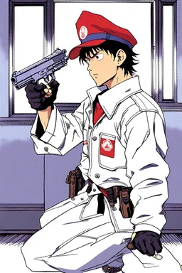 Shotaro Kaneda from Akira movie holds a revolver gun to his head.