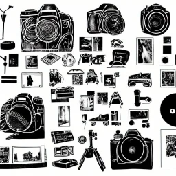 elements of photographic equipment. poster graphics. high detailed. ink and acrylic.