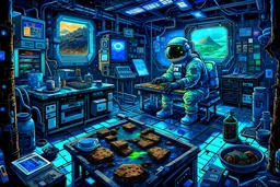 epic fluorescent oil painting of high tec cookie making space station heritage authentic cyberpunk relic