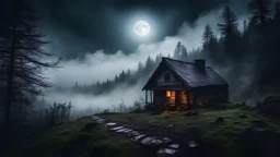 cabin in the mountain forest, moonlight, intense mist, macabre escene, zombie atmosphere, clouds, no people, dead animals, high definition, good understanding of artificial intelligence, very darkness.