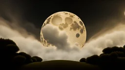 giant virtual moon, maximum quality, centered on frame, far view, in the middle of a grassy hill, white sky with cumulonimbus