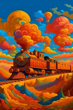 un tren en el cielo, con colores cálidos y candidos, nubes con una atmosfera reluciente con un corazón en los vagones al estilo de André Derain