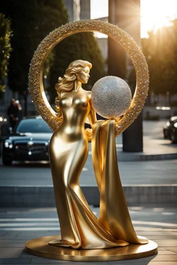 A magnificent golden and silver heart-shaped sign adorned with a stunning golden sphere encrusted with sparkling diamond clusters at its center, elegantly spinning in position,a girl golden statue in standing pose