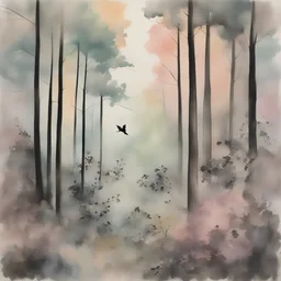 ink painting of a birds amongst forest trees in pastel