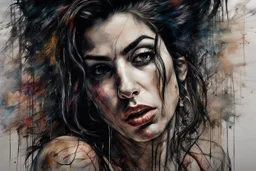 amy winehouse Stunning art masterpiece Basic style of horror, Overhead, hyper detailed, multi-layered illustration, in a highly detailed elegant unbuttoned dress, dynamic seductive pose, accentuating perfect anatomy, impressive concept by Carne Griffiths and Wadim Kashin, dynamic, highly detailed, symmetry, airbrush graffiti technique, high definition illustrations, soft and sharp focus, accent lighting, bold paint colors, symmetry, painted, intricate, volumetric lighting, beautiful masterpiece