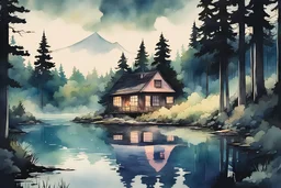 retro anime style, full color, dark serious 1980s anime style, A lake in the forest with a cottage, watercolor, forest,
