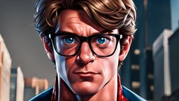 spider-man, half face human, face with glasses, half mask