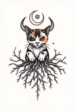 Design feminine tattoo: The centerpiece of the tattoo is a calico cat. From the paws, deep roots twist into the ground, sprawling outwards. The roots look as though they're entangled with the earth itself, symbolizing Taurus' deep connection to the planet. as a backdrop, include elements of gears A crescent moon or starry sky above the bull