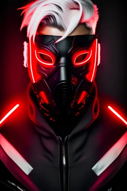 glowing Red eyes, mask, Male, portrait, Dark tactical suit, white hair