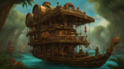 steampunk gipsy caravan crossed with a boat flying high over a jungle with platforms, verandas, and people, intricate