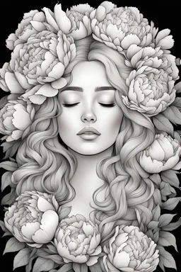 young woman, coloring page of a beautiful bouquet of peonies all around her face, her eyes are closed and dreaming peacefully, only her face shows, her face covered by the bouquet of peonies, use black outline with a black background, clear outline, no shadows, sketch colors, 4k, blond hair