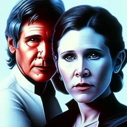 carrie fisher embracing harrison ford, waist up portrait, photorealistic faces, intricate, oil on canvas, masterpiece, expert, insanely detailed, 4k resolution, cinematic smooth, intricate detail , soft smooth lighting, soft pastel colors,