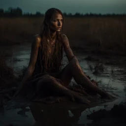 Beautiful female stringy dirty model partially covered with mud is sitting in the mud in a swampy moor, golden hour, an eerie apparition with a wolf appearing in the background, Highly detailed Portrait, 4k, 35mm, professional photography, natural light