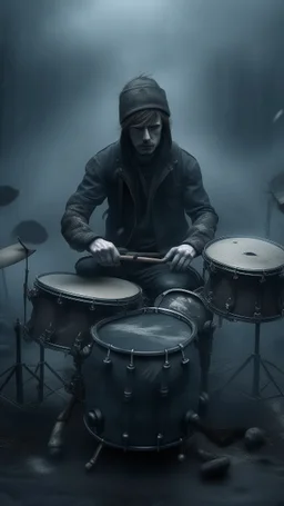 A drums player in a band are tied to their musical instruments ,surrealism of the dark of a nightmare ten miles high and six foot deep, hyper photorealistic, hyper detailed dark art color, high resolution, fog, octane render, tilt shift, HDRI Environment, all pictures dark gray