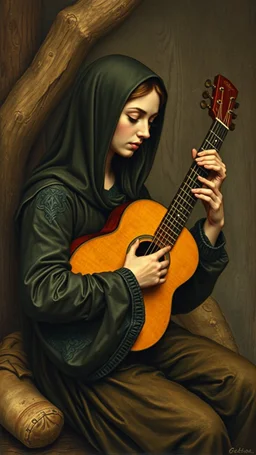 Hieronymus Bosch style , a woman playing the acoustic guitar