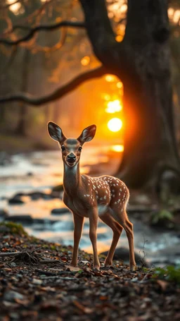 A beautiful baby dear standing in wood with a huge trees , river stream in the middle , behind the tree dim light of the sunset,