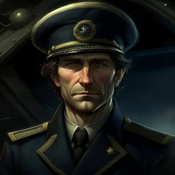 The submarine captain Sylas Steinhardt, a well groomed dark haired man realistic grimdark