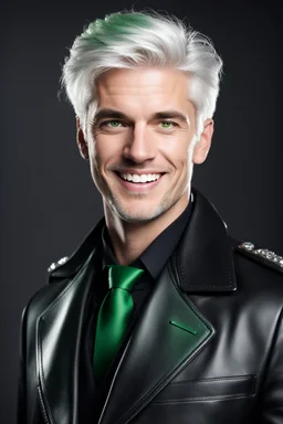 plauge doctor in balck leather coat and suit with silver hair, pale skin and bright green eyes smiling with sharp teeth, nice young face, male, viscious smile