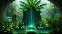 spring dew, sparkling magical fantasy, glass jungle palms lost temple mayan dewdrop, very detailed, amazing quality, etheral, intricate, cinematic light, highly detailed, beautiful by Hieronymus Bosch, 3D , surreal, creepy stunning