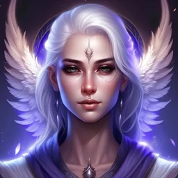 Generate a dungeons and dragons character portrait of the face of a beautiful female cleric of peace aasimar blessed by the goddess Selune. She has white hair and is surrounded by moonlight. She has lilac eyes. She has some white feathers hanging from the lower part of her hair. She has a youthful face.