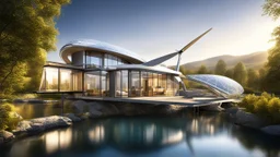 2199. Innovative modern environmentally-friendly home, wind turbines, solar panels, water wheel in river, insulation, scientific experiment, home of the future, automated, spectacular, futuristic, beautiful lighting, attractive composition, photorealistic, extremely detailed, chiaroscuro