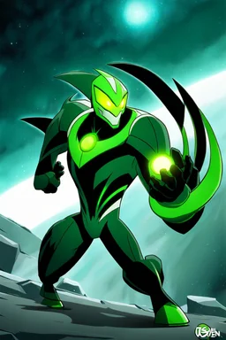 A new space creature from Ben 10 cartoon. Strong and graceful. Advanced metal. Magical power, precise detail and intense power Add "full body view" as a prefix. Use an aspect ratio (dimensions) that is mor vertical (3:4 vs 4:3), move the camera back ("extreme long range view"), move camera upward rather than being at hip height ("high angle view" or "eye-level view"). Describe her shoes or stance, as well as what you see over her head