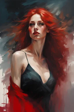 muscular tall russian woman 24yo with long red hair, wearing a red dress :: dark mysterious esoteric atmosphere :: digital matt painting with rough paint strokes by Jeremy Mann + Carne Griffiths + Leonid Afremov, black canvas