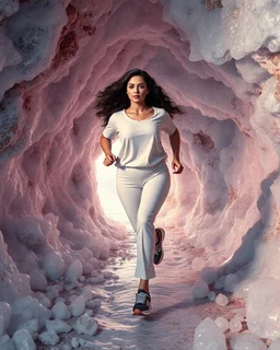 make a picture pretty crystal cave covered with jwells and 3d recursive cubic and sphere base pearls and Gemstone species, a beautiful goddess lady with curvy hair,makeup, in pretty modern today pants and loose shirt and sport shoes with jewels is running inside cave ,dynamic camera fallow her inside cave capturing full body, dynamic lights.