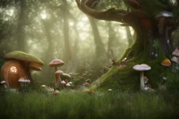 enchanted forest, fairy house, mushroom, rabbits, squirrels