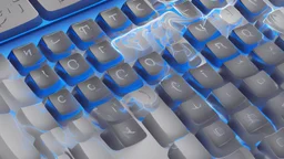 The image closely depicts a computer keyboard secured with a complex digital lock. The blue and white colors reflect the technological and security aspects of the subject. As an expression of digital protection and a focus on security in the era of digital communication, this image represents the balance between technology and personal safeguarding.