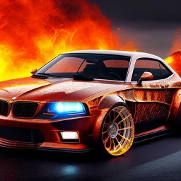 sweeping view of detailed phong shaded rendering of a car made of molten lava, headlights, bumpers, whole car