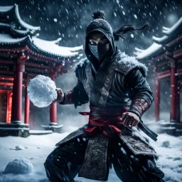 Hyper Realistic Photographic View Of A Handsome Muscular Ninja in his Traditional attire unleashing & attacking with frozen-ice-balls outside a dark abandoned Chinese Temple Ruins at dark heavy snowfall night with dramatic lighting & cinematic ambiance.