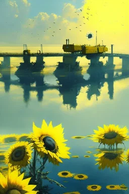 yellow water of lake with bridge of sunflowers and tanks and in fuggy sky with dim sunlight