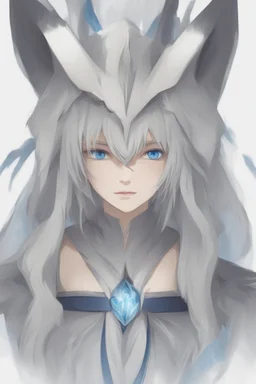 Orical wearing grey robes with white hair and blue eyes