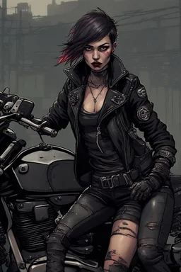 scarred cyberpunk vampire girl showing fangs with short cropped cyberpunk hair riding a black cafe racer motorcycle in a post apocalyptic wasteland at 3 am