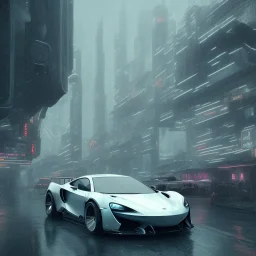 a white Mclaren in bladerunner 2049 city in the rain