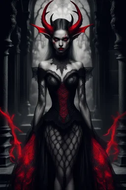 black and white digital art from a demonic dark elf queen in black lace dress and red shues, , crepy stunning , she looking defiantly in the camera , high detalied, realistic, dark fantasy, thriller, cinematic