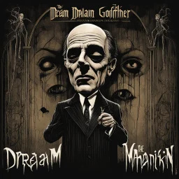 Recreate the iconic "The Godfather" movie poster but with a creepy Puppet and the graphic reads text "DREAM OF A MANIKIN" with the puppet strings in the original godfather font, black nightmarish background, horror art, by Ben Templesmith, eerie, smooth