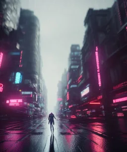 circular white moon, 3D, beautiful, light reflecting, empty city, midnight, rainy night, neon, cyberpunk, person walking