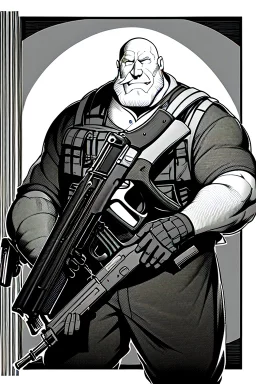 old man behind the counter aiming with a sawed-off shotgun, greyscale