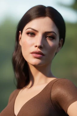 realistic, portrait and full body of a woman standing next to rocky river in country side, beautiful face with nice make up, sunlight, cinematic light, bangs, a beautiful woman, beautiful eyes, brown curved hair, perfect anatomy, very cute, princess eyes , (blue eyes) , nice sport shoes ,Centered image, stylized, life size,8k Resolution, low-cut dress with small blue details, human hands, wonder full, elegant, approaching perfection, dynamic, highly detailed, character sheet,