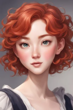 A short girl with thick short wavy red hair, narrow kind eyes with an enthusiastic look. A wide oval face is decorated with an upturned nose and small lips in the style of genshin impact, a ballerina