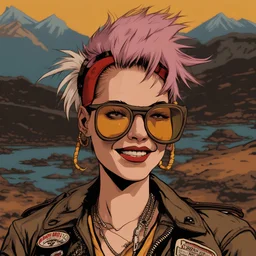 With an irresistible grin that dared the world to challenge her audacity, Tank Girl's eyes sparkled with a mischievous fire. They held a depth of knowledge and experience, as if they had witnessed a lifetime of adventures in this unforgiving landscape. Her attire was a testament to her eclectic allure—she wore a leather jacket adorned with patches, the badges of her rebellious journey, and neon leggings that accentuated her lithe form. Every piece of clothing was a statement, a declaration of h