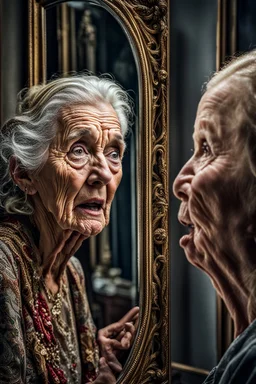 a young girl looking herself in the mirror, and shock on his face, an old woman face reflecting in the mirror, hyper realistic, ultra detailed, stunning intricate details, HDR, beautifully shot, hyperrealistic, sharp focus, 64 megapixels, perfect composition, high contrast, cinematic, atmospheric, moody Professional photography, bokeh, natural lighting, canon lens, shot on dslr 64 megapixels sharp focus