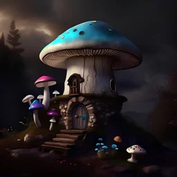 A rustic white, green and blue (((mushroom house))) perched atop a (tall geologic pillar), surrounded by a ((( rainbow haze ))), offset by the subtle hues of an (dark space scape), within. captured by the hand a skilled master painter with a focus on (hard bold compositions and voluminous lighting).detailed matte painting, deep color, fantastical, intricate detail, splash screen, exaggerated colors, fantasy concept art, 8k resolution