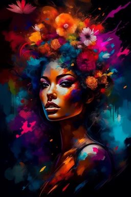 Generate a captivating digital artwork where a vivid explosion of images on a canvas bursts forth, weaving together elements of a woman, demons, tattoos, flowers, and stormy hues. Capture the essence of dynamic creativity in this abstract masterpiece."