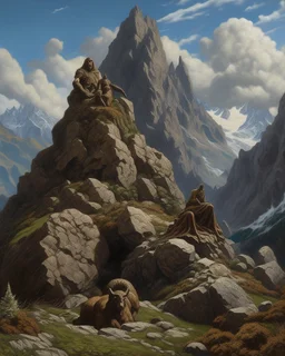 A brown dangerous mountain with stone statues painted by Frank Wilson